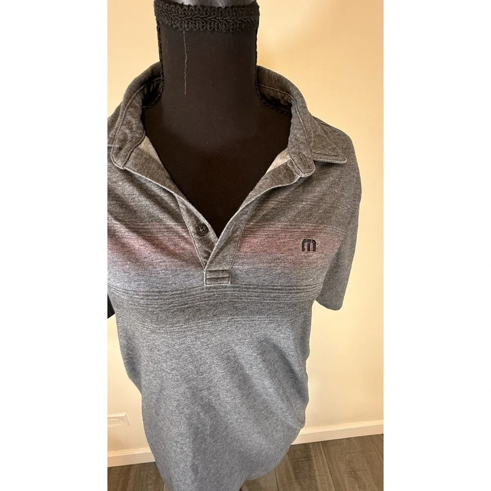TravisMathew Men's Gray Striped Polo Shirt S Short Sleeve Collared Logo Button
